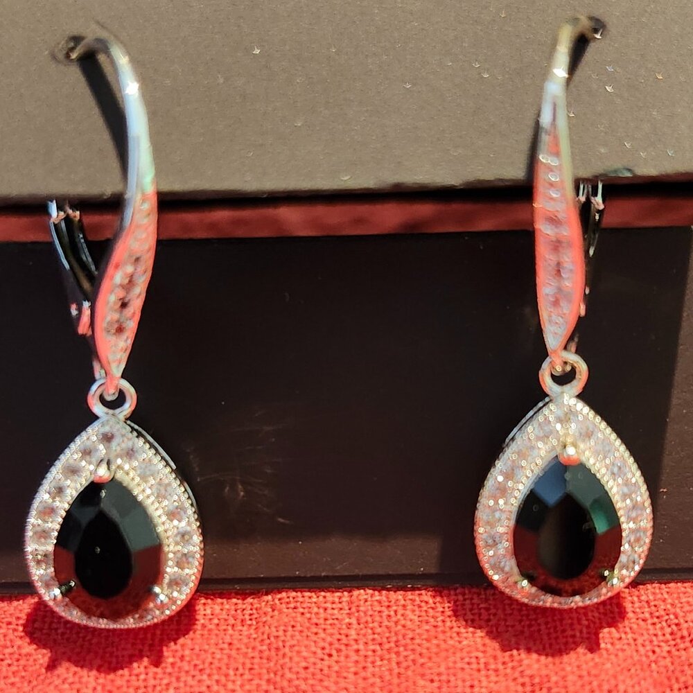 NWT - Anne Klein Silver Tone Pave & Stone Drop Earrings 1-1/5" - Picture 3 of 5